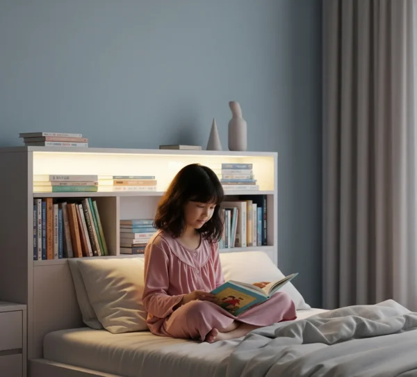 Bé gái đọc sách trên giường trong phòng ngủ 12 tuổi