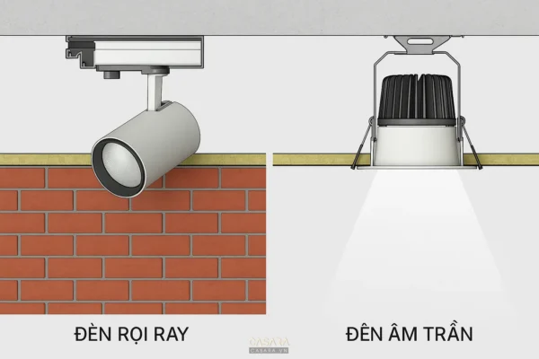 So sánh đèn rọi ray và đèn âm trần.