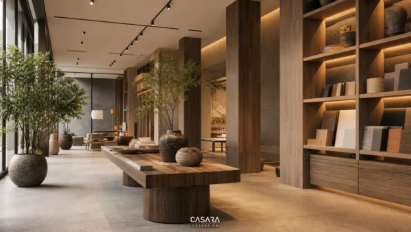 Không gian showroom có kệ gỗ, bàn trưng bày, cây xanh và ánh sáng ấm đồng bộ