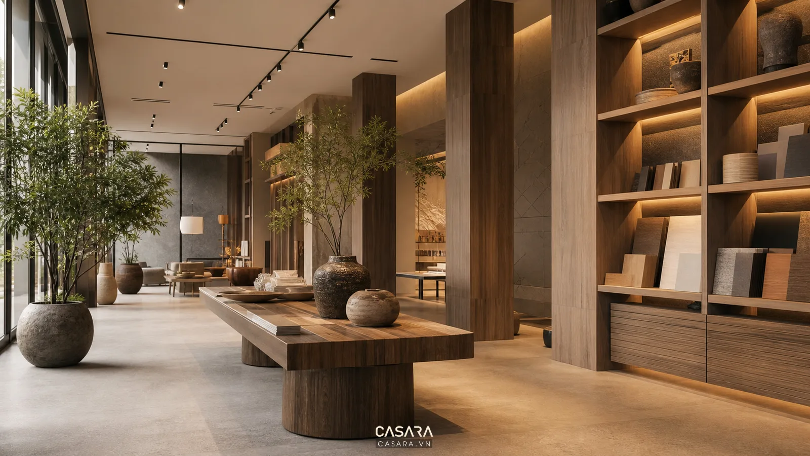 Không gian showroom có kệ gỗ, bàn trưng bày, cây xanh và ánh sáng ấm đồng bộ