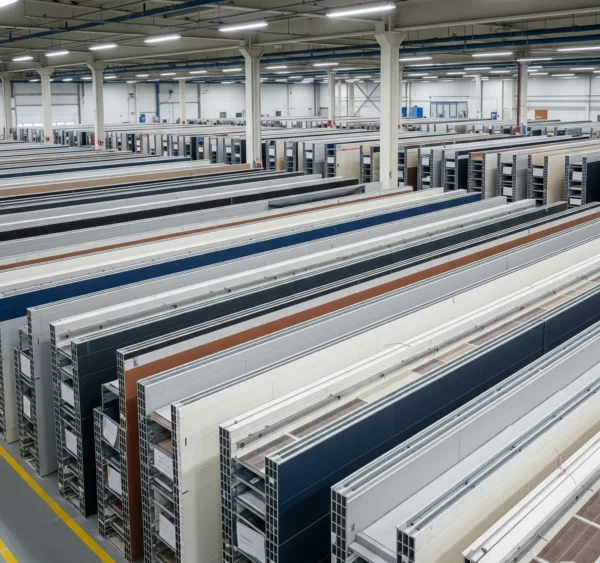 Hệ module nội thất dạng thanh trong khu sản xuất, phù hợp minh họa quy trình gia công theo bản vẽ.