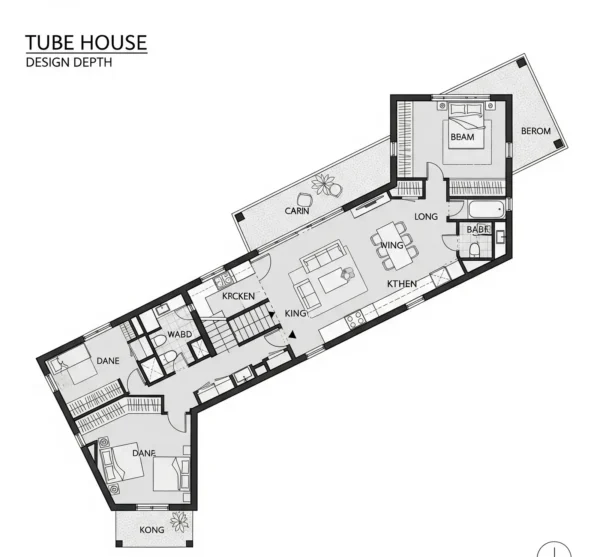 Mặt bằng nhà ống hình trụ, thiết kế tối giản.