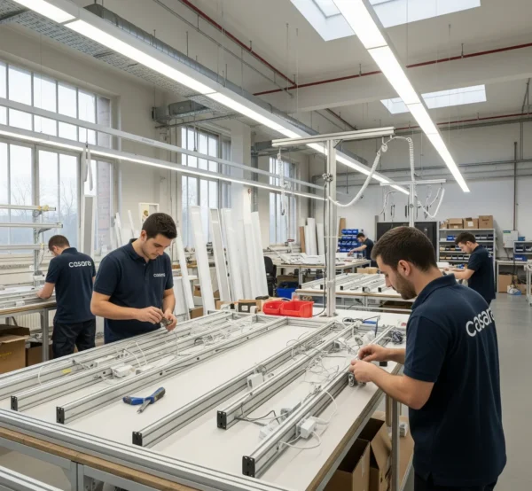 Xưởng sản xuất nội thất với nhiều công nhân xử lý module và phụ kiện