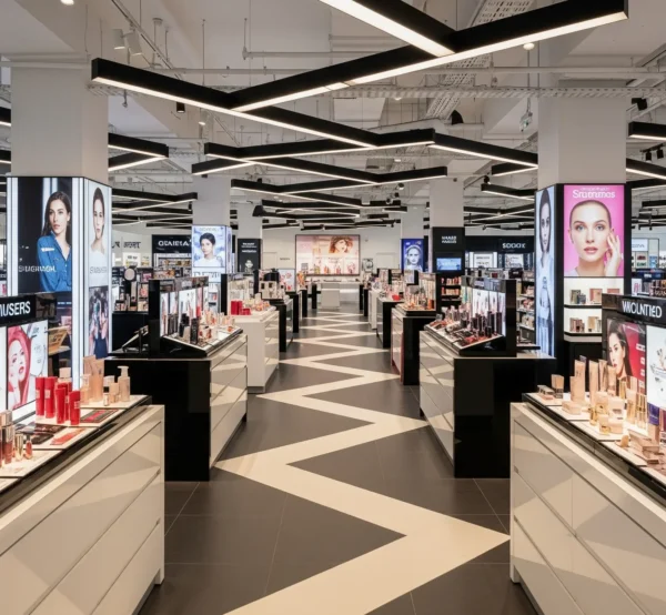 Lối đi giữa các quầy mỹ phẩm trong cửa hàng makeup