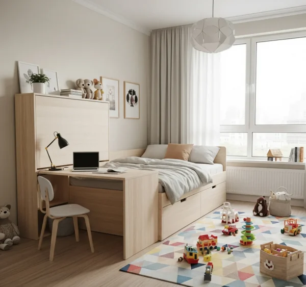 Phòng ngủ khách sạn với nội thất hiện đại và ánh sáng dịu