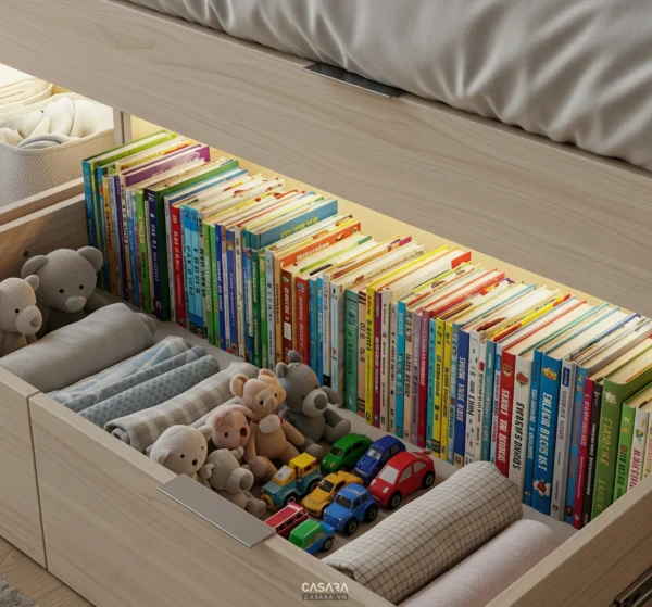 Phòng ngủ cho bé trai với bố cục giường bàn học và tủ đồ