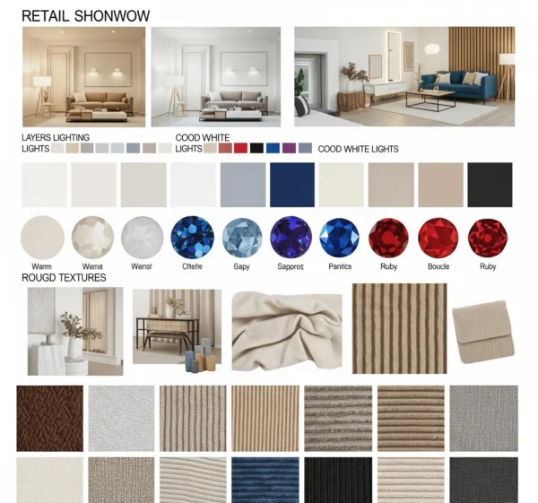 Bảng phối cảnh showroom, bảng màu, vật liệu và ảnh tham chiếu nội thất