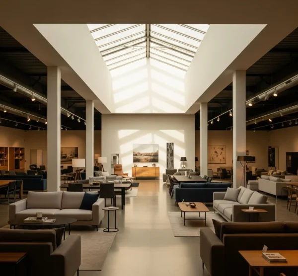 Showroom nội thất rộng với giếng trời, sofa và các cụm trưng bày nhiều lớp ánh sáng