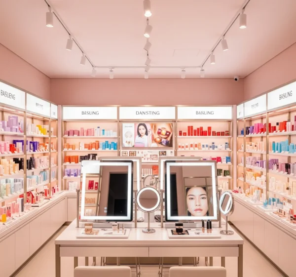 Tiệm makeup nhỏ hiện đại có gương, ghế dịch vụ và kệ mỹ phẩm tông hồng