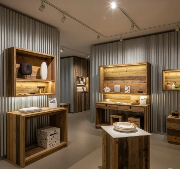 Thiết kế wabi sabi với kệ gỗ, vật liệu mộc và ánh sáng ấm tạo cảm giác yên trong không gian sống.