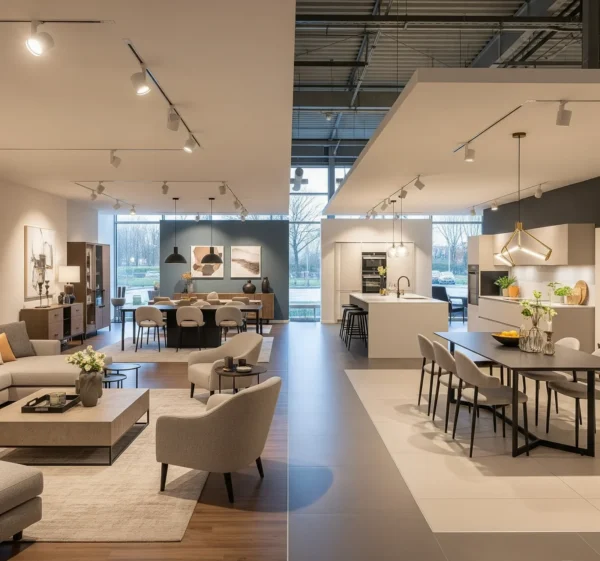 Không gian showroom nội thất rộng lớn, hiện đại.