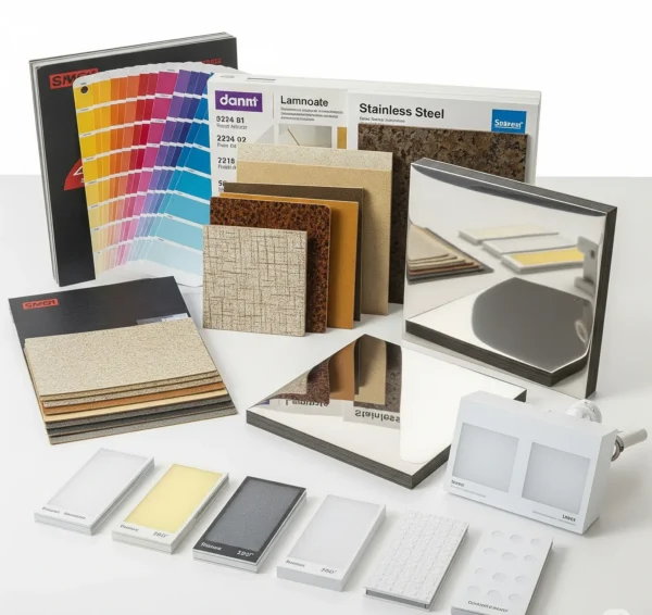 Bộ mẫu vật liệu nội thất gồm màu sơn, laminate, vải và bề mặt hoàn thiện