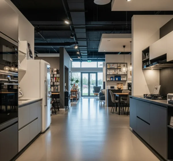 Showroom bếp hiện đại, rộng rãi, sáng sủa.
