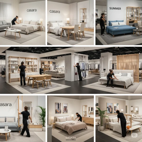 Bộ ảnh showroom nội thất Casara với phòng ngủ, bàn ăn và khu trưng bày sofa