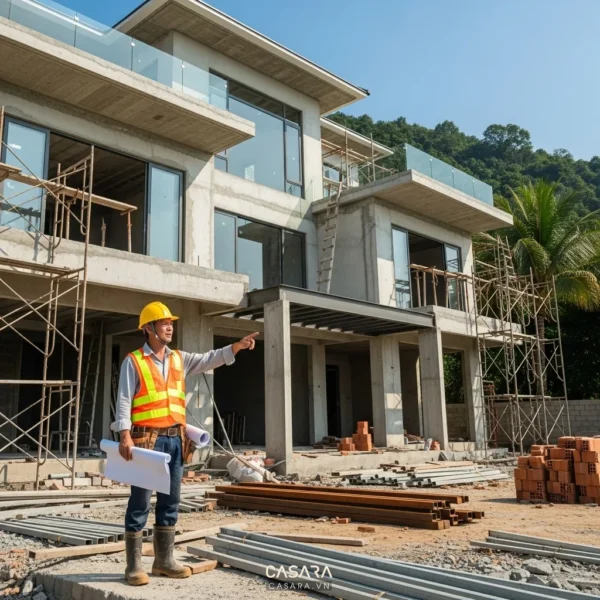 Nhà thầu thi công biệt thự cao cấp đang kiểm tra mặt bằng cho chủ đề nhà thầu nội thất Nhà thầu kiểm tra mặt bằng thật giúp gia chủ đánh giá năng lực thi công trước khi ký hợp đồng. nhà thầu nội thất nhà mặt tiền phòng khách bếp phòng ngủ công năng ánh sáng vật liệu bố trí Casara https://casara.vn/