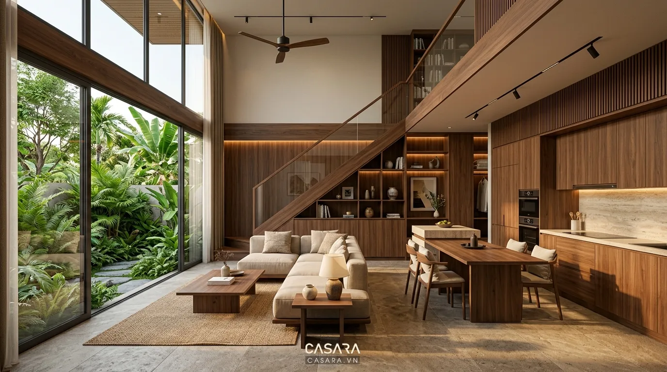 Bố trí nội thất hợp lý giúp biệt thự mini gỗ óc chó rộng và tiện nghi hơn