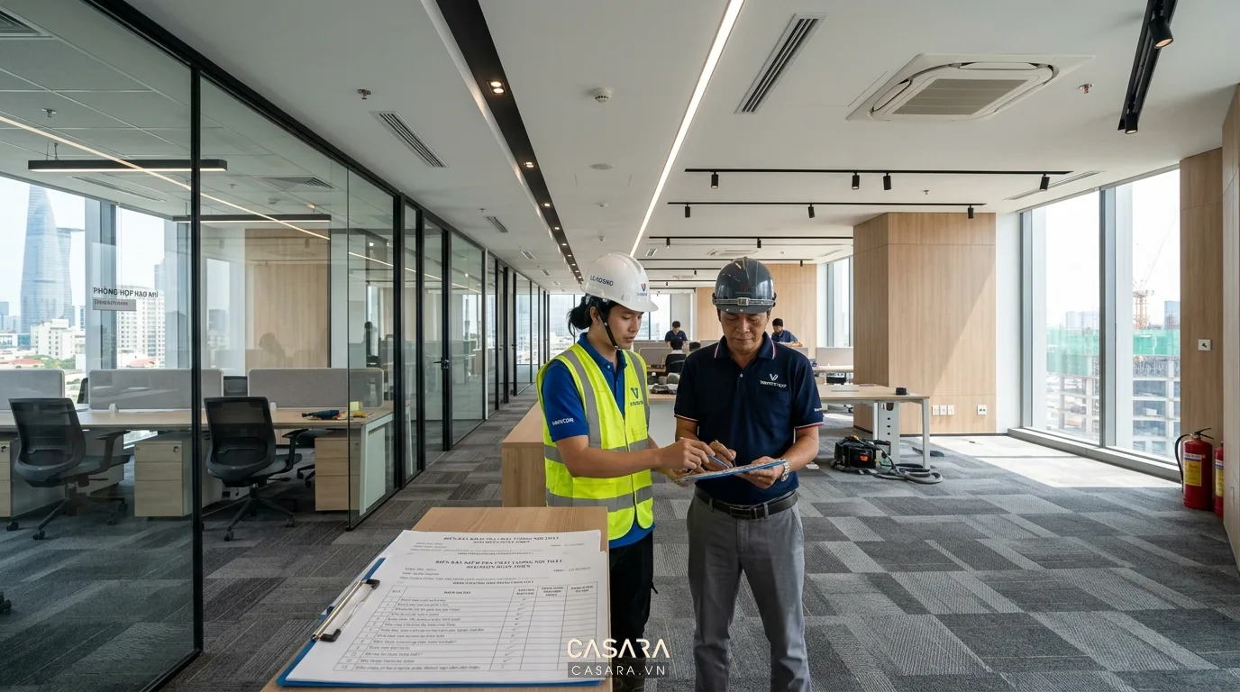 Hình ảnh: Checklist nghiệm thu nội thất văn phòng được đối chiếu trực tiếp tại công trình