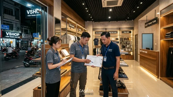Đội thi công và chủ đầu tư kiểm tra showroom bằng checklist trước khi bàn giao