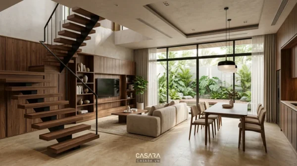 Cầu thang giữa phòng khách và bếp liên quan tầng lửng trong nhà phố