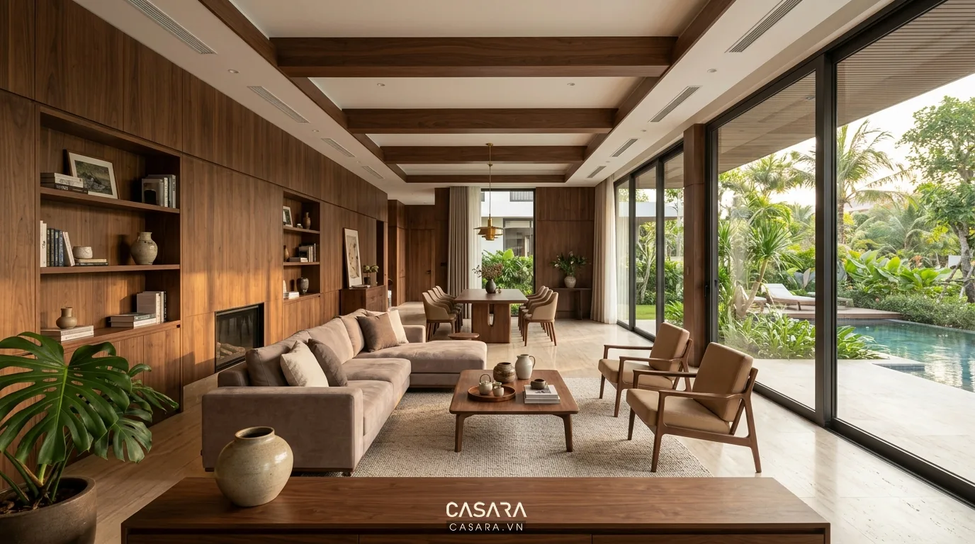 Không gian nội thất biệt thự hiện đại sử dụng gỗ óc chó sang trọng