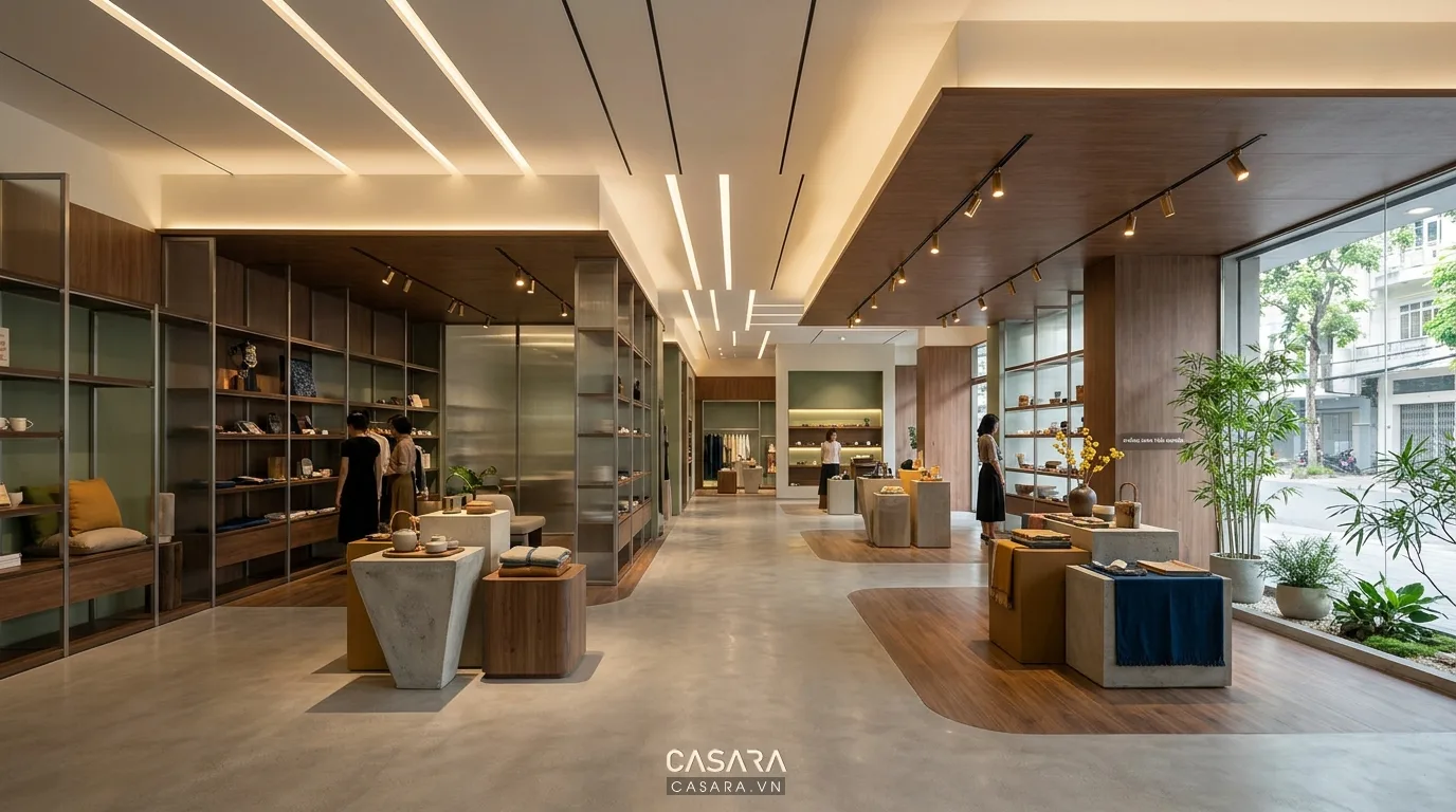 Không gian showroom bán lẻ với concept rõ ràng, ánh sáng và màu sắc dẫn dắt cảm xúc khách hàng