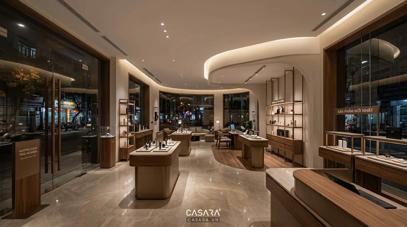 Không gian showroom thương hiệu thể hiện rõ nhận diện và trải nghiệm khách hàng