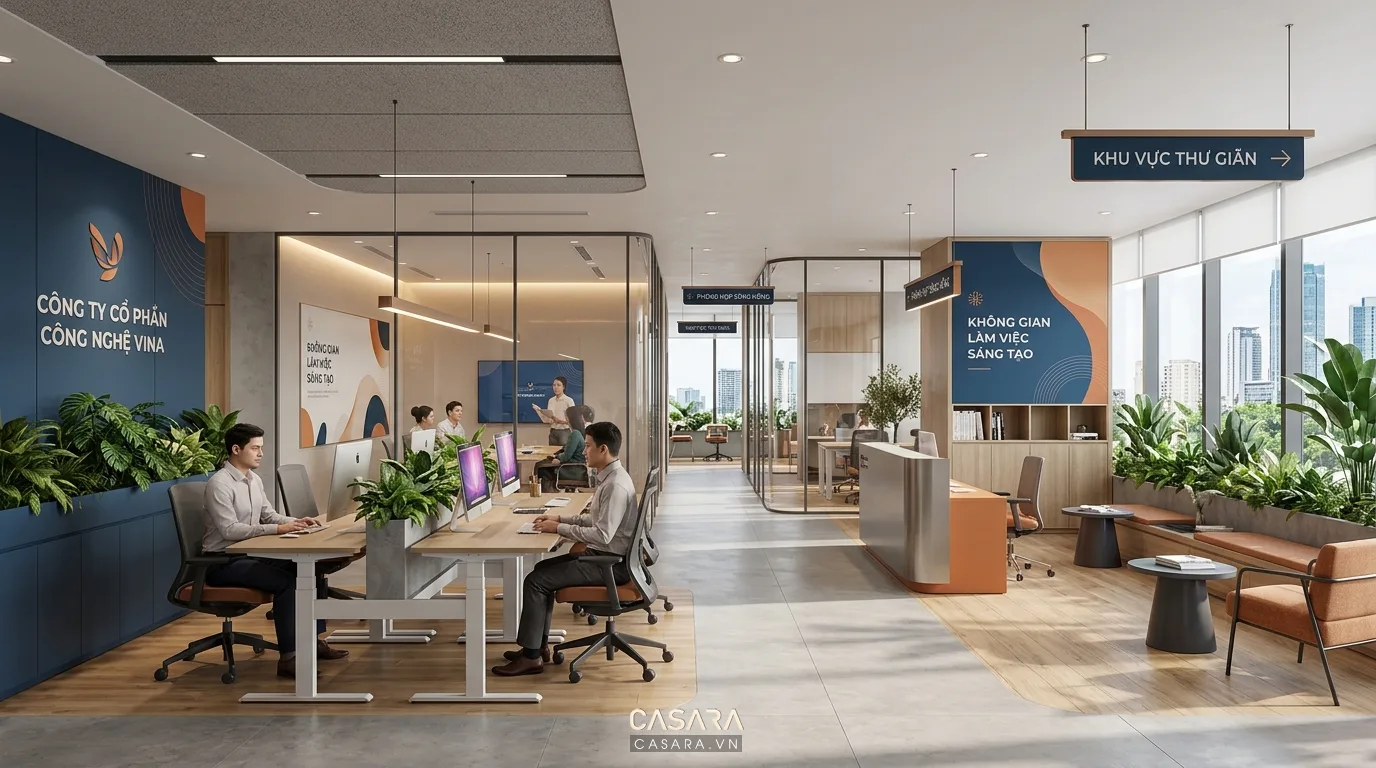 Hình ảnh: Không gian văn phòng hiện đại thể hiện rõ gu thẩm mỹ thương hiệu, màu sắc đồng bộ và bố cục khoa học