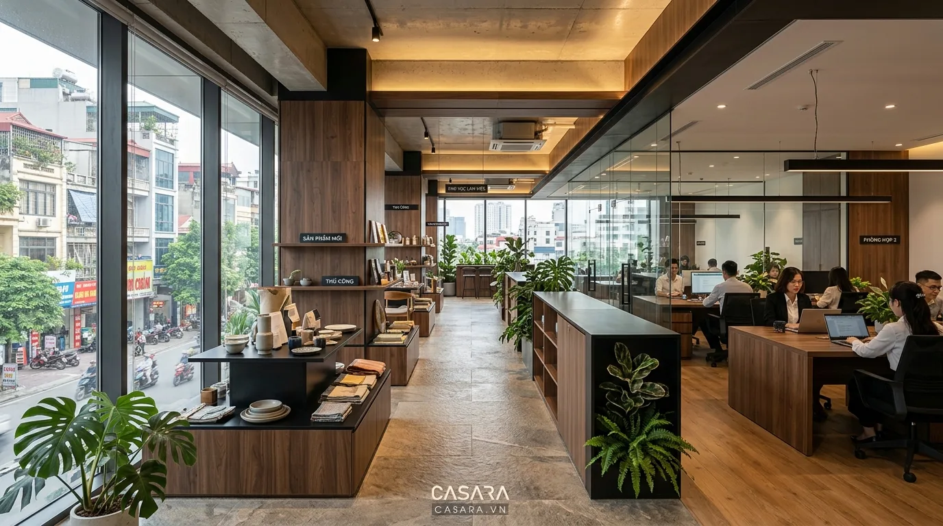 Hình ảnh: Không gian văn phòng kết hợp showroom, luồng di chuyển rõ ràng, khu trưng bày và làm việc hài hòa