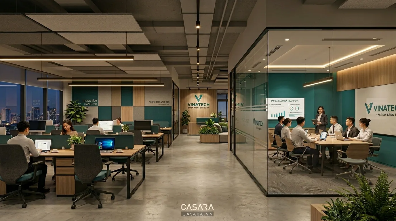 Hình ảnh: Khu vực làm việc và phòng họp được thiết kế đồng bộ gu thẩm mỹ thương hiệu, bố cục hiện đại