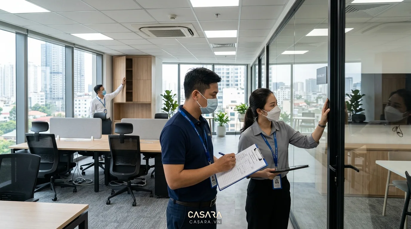 Hình ảnh: Nhân sự kiểm tra, nghiệm thu nội thất văn phòng theo checklist trước khi bàn giao