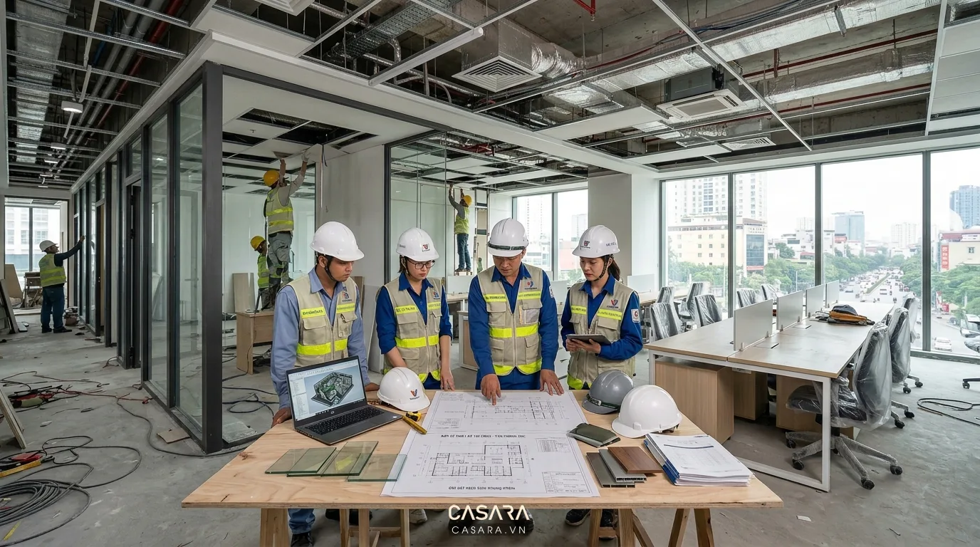 Hình ảnh: Quá trình thi công nội thất văn phòng với đội ngũ kỹ thuật giám sát, đảm bảo đúng bản vẽ thiết kế