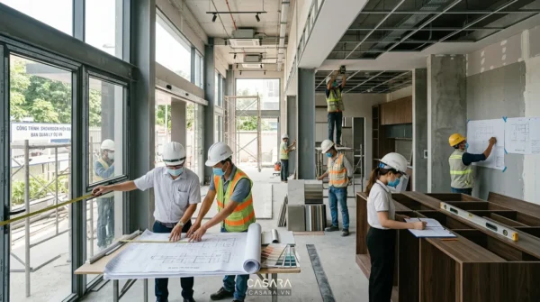 Đội thi công đối chiếu bản vẽ thiết kế tại công trường để kiểm soát chi tiết, vật liệu và sai lệch so với phối cảnh 3D.