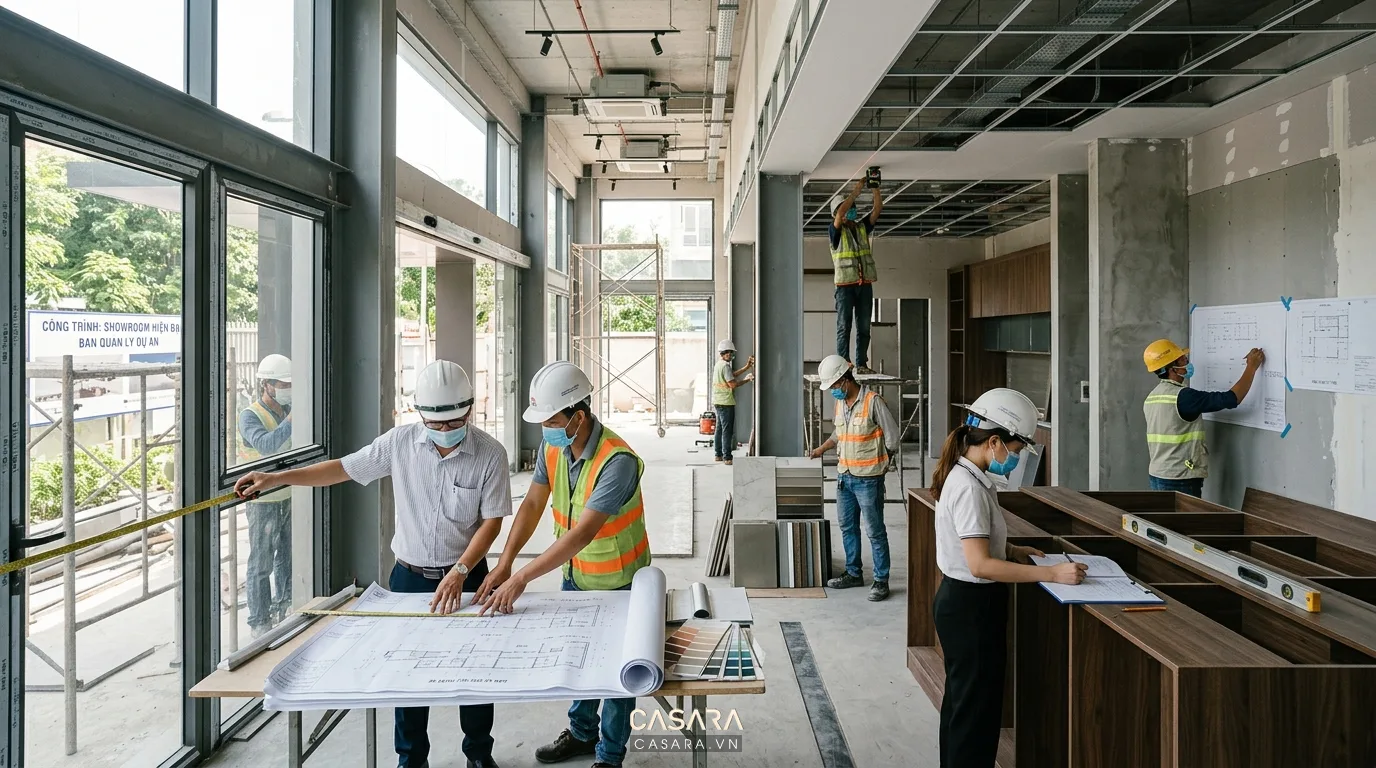 Quá trình thi công showroom kiểm soát chi tiết theo đúng bản vẽ thiết kế