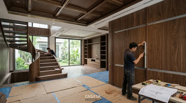 Đội thi công biệt thự kiểm tra kích thước tấm ốp