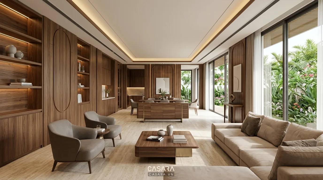 Thiết kế và thi công nội thất biệt thự gỗ óc chó theo giải pháp trọn gói