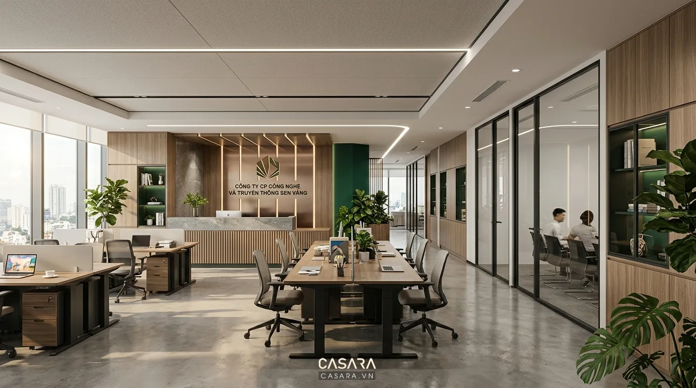 Hình ảnh: Tổng thể văn phòng hoàn thiện, thể hiện rõ gu thẩm mỹ thương hiệu, không gian đồng bộ và chuyên nghiệp