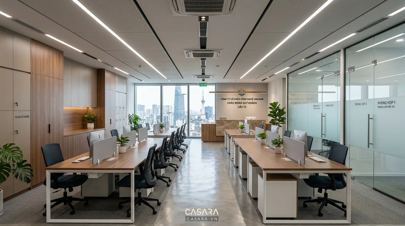 Hình ảnh: Văn phòng được nghiệm thu và bàn giao hoàn thiện, không gian gọn gàng, đồng bộ