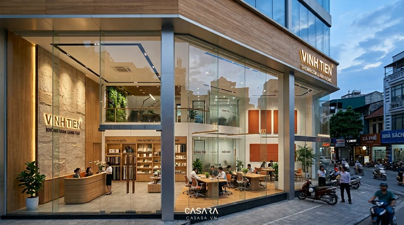 Hình ảnh: Văn phòng hiện đại tích hợp showroom, không gian trưng bày và làm việc hòa quyện, thể hiện rõ nhận diện thương hiệu
