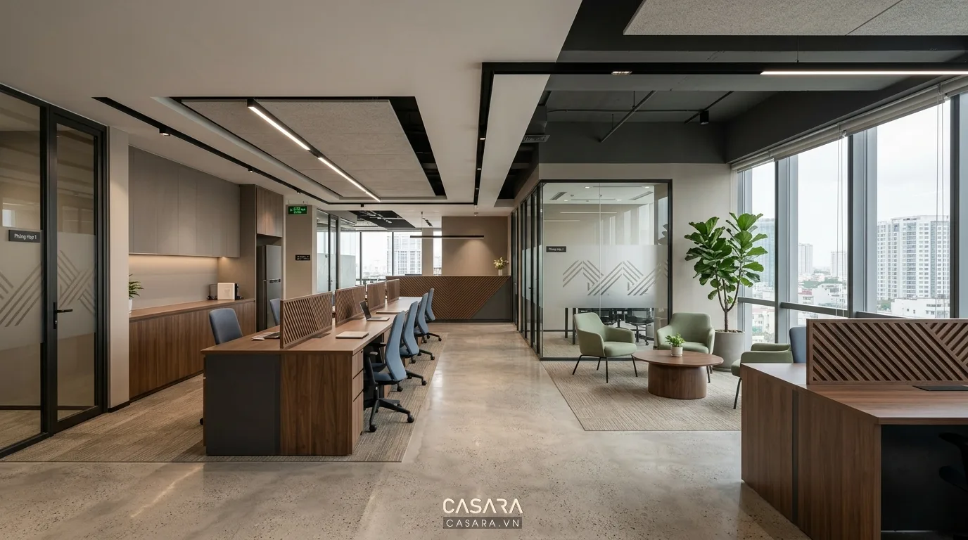 Hình ảnh: Văn phòng hoàn thiện sau thi công, không gian đồng bộ, chi tiết sắc nét và thể hiện rõ concept ban đầu