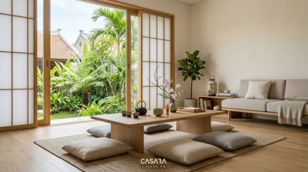 Góc trà Japandi có bàn trà thấp, đệm ngồi, cửa trượt và sân vườn xanh