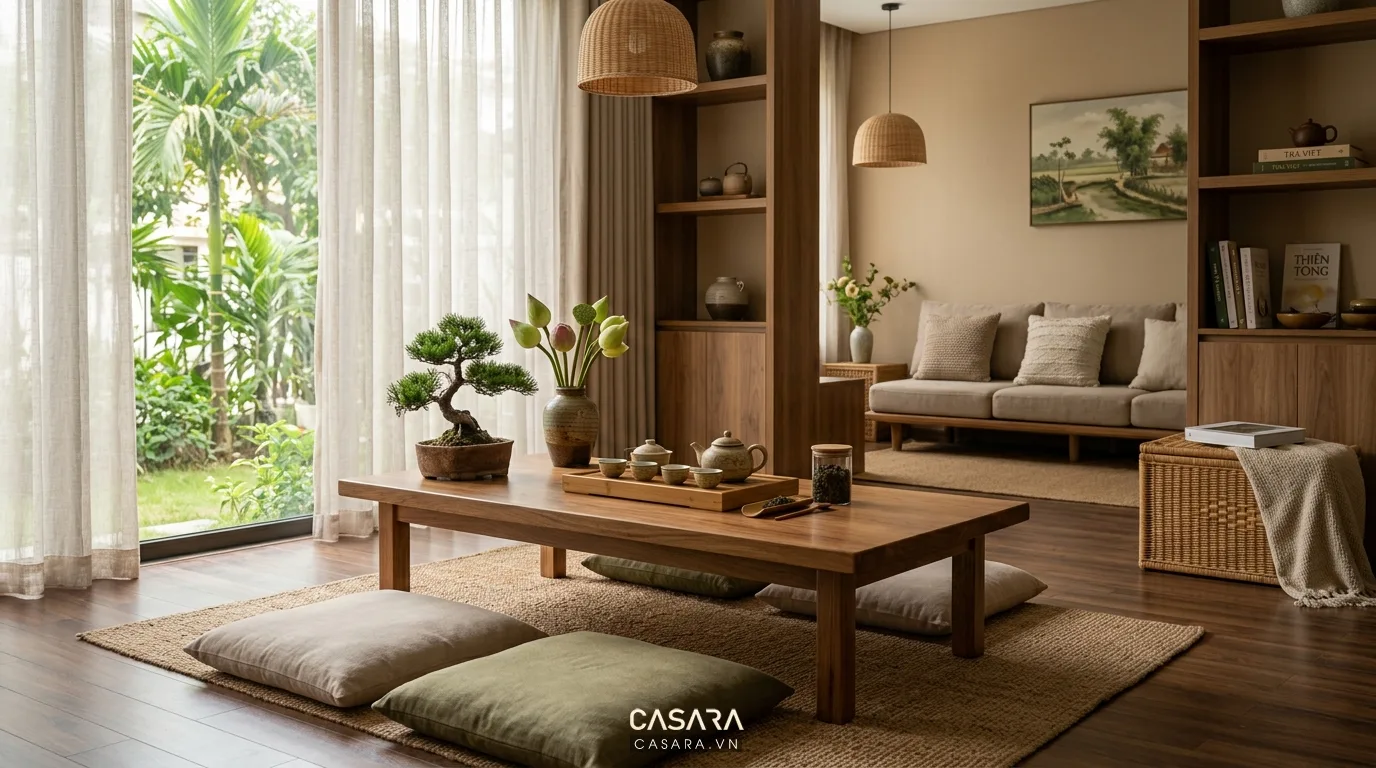Hình ảnh minh họa bàn trà hoàn thiện trong phòng khách