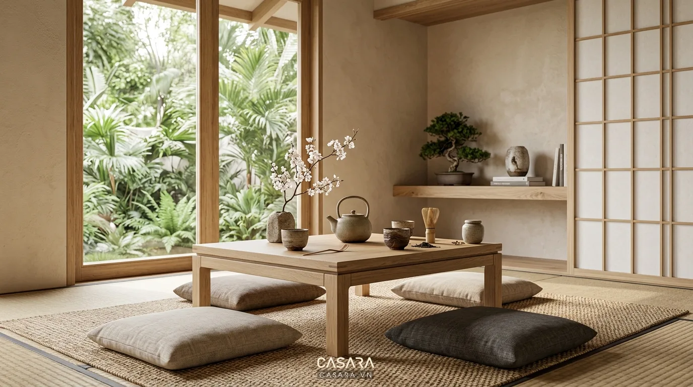 Hình ảnh minh họa bàn trà phong cách Japandi