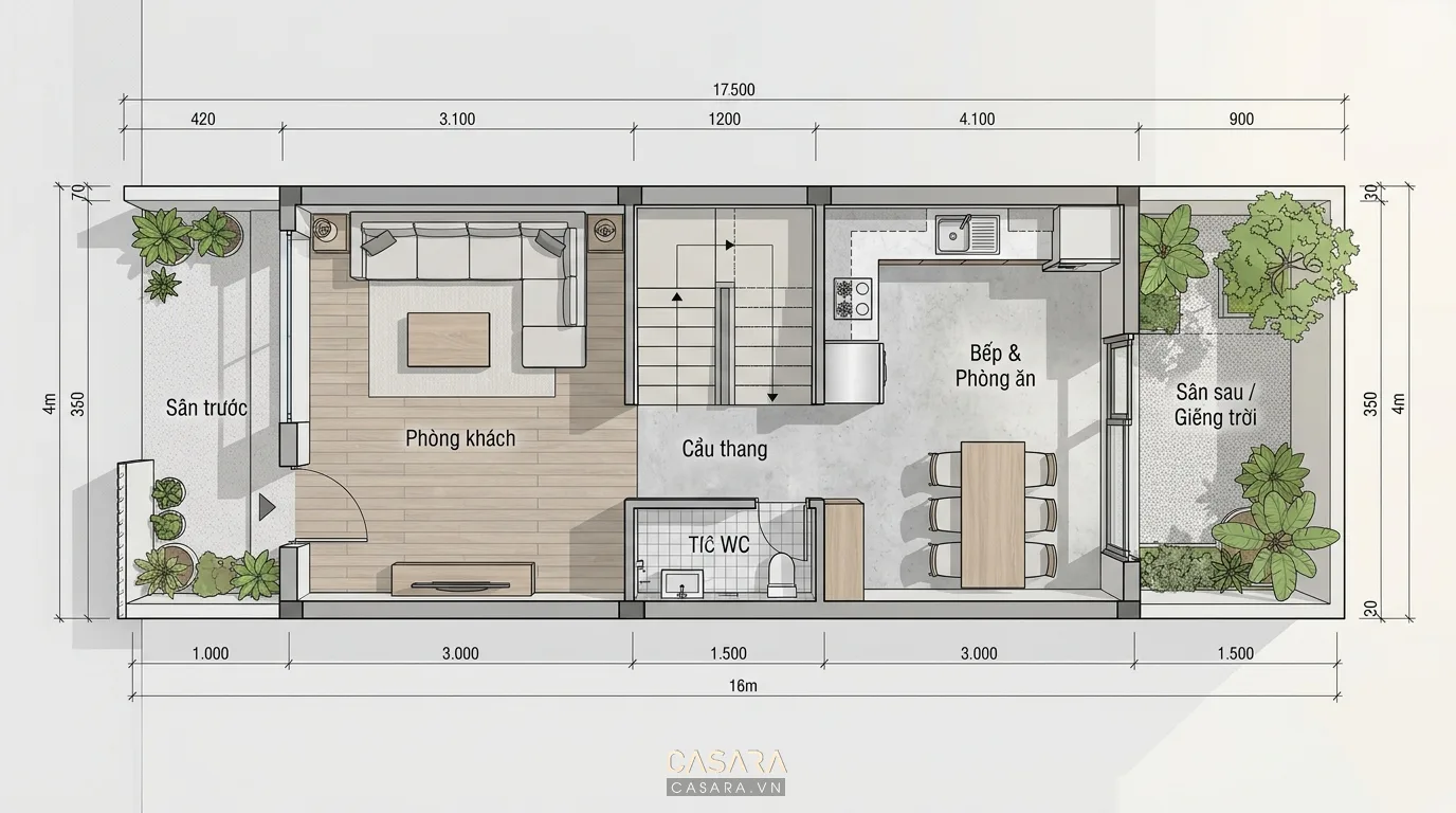 Hình ảnh minh họa bản vẽ bố trí nhà ngang 4m theo trục dọc