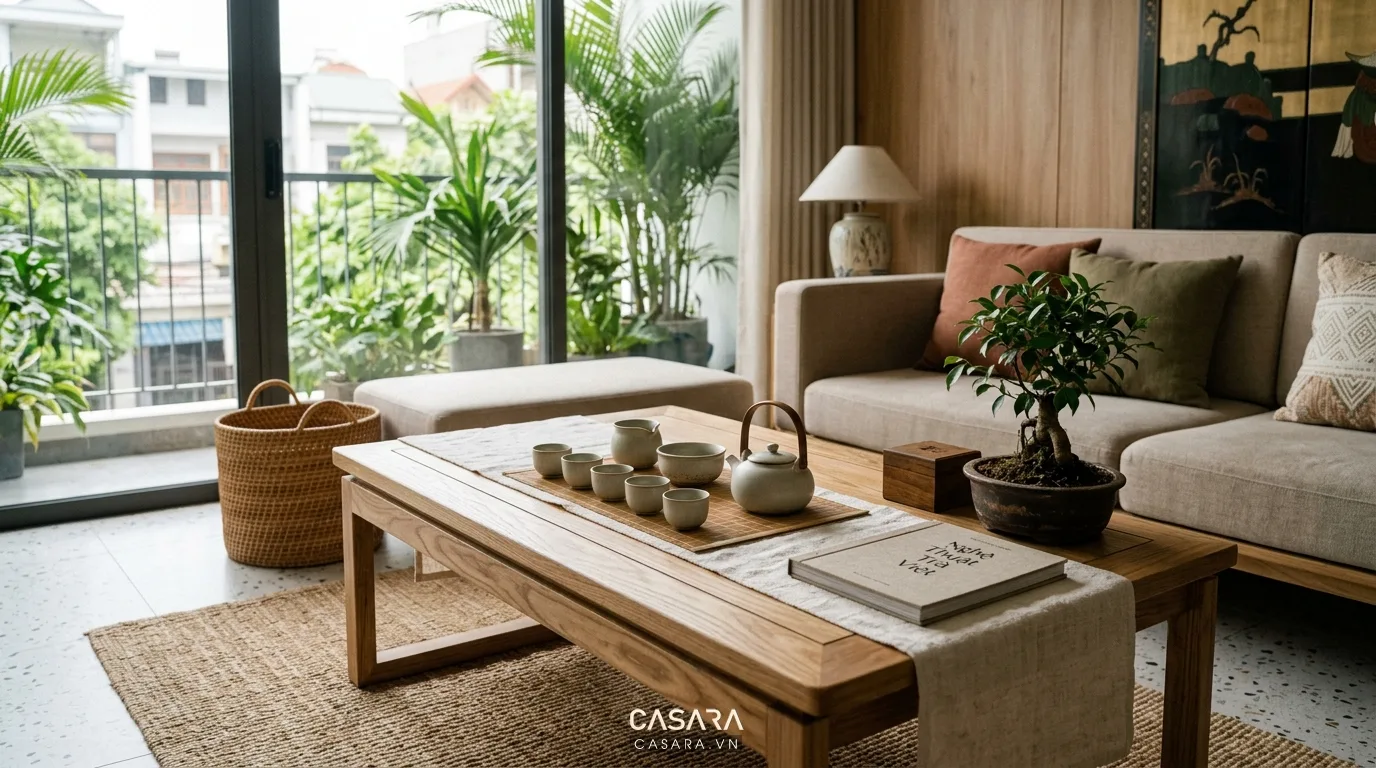 Hình ảnh minh họa bố cục bàn trà trong phòng khách