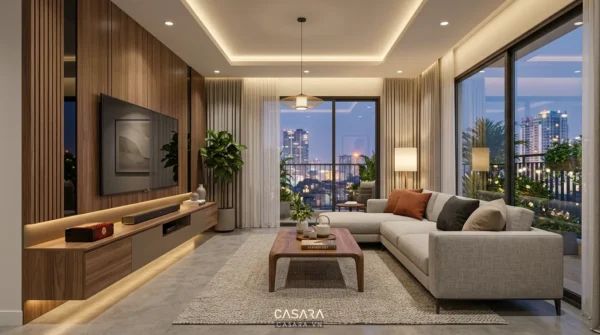 Bố cục bàn trà, sofa và kệ tivi trong phòng decor đẹp, gọn và cân bằng điểm nhìn.