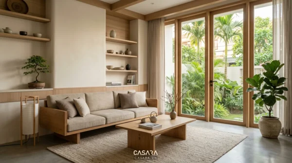 Bố cục phòng khách Japandi có sofa, bàn trà và cửa kính nhìn ra vườn