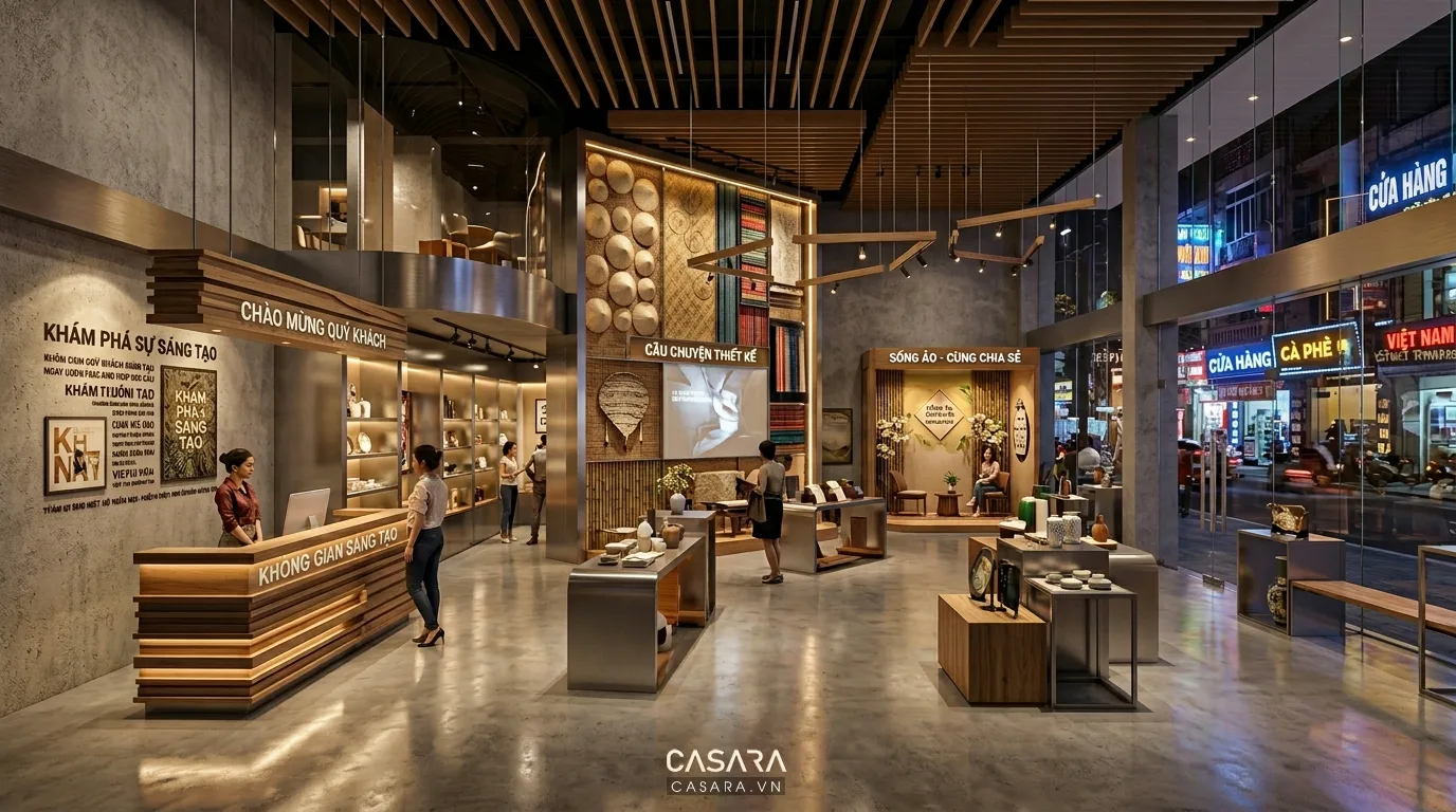 bố cục showroom sáng tạo với concept rõ ràng, khu trưng bày sản phẩm kết hợp không gian check-in