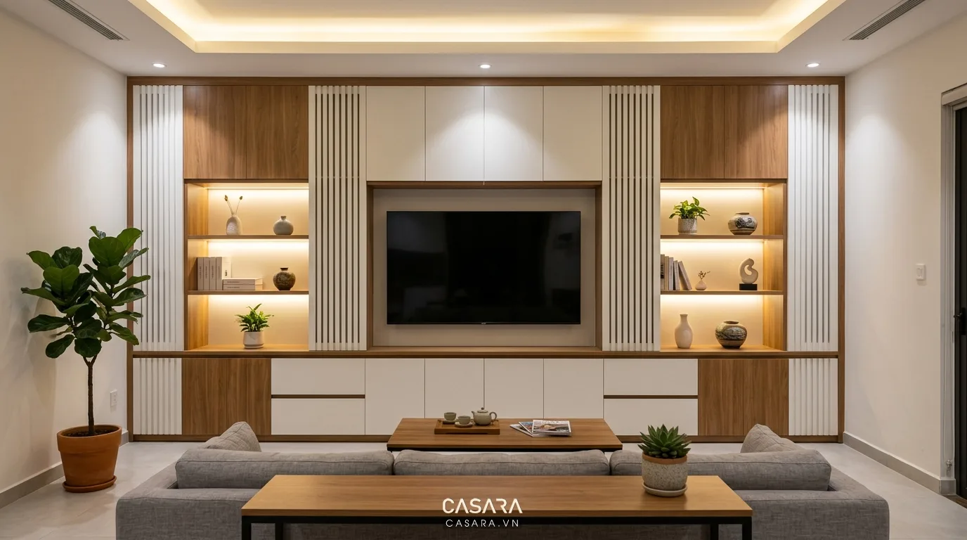 Hình ảnh minh họa bố trí kệ tivi cân đối và tiện nghi