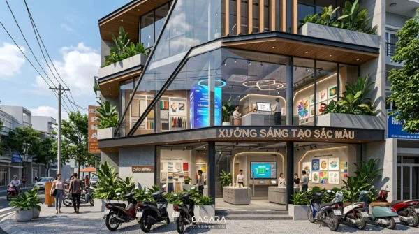 Showroom sáng tạo có mặt tiền kính, bảng hiệu và vùng trưng bày dễ nhìn.