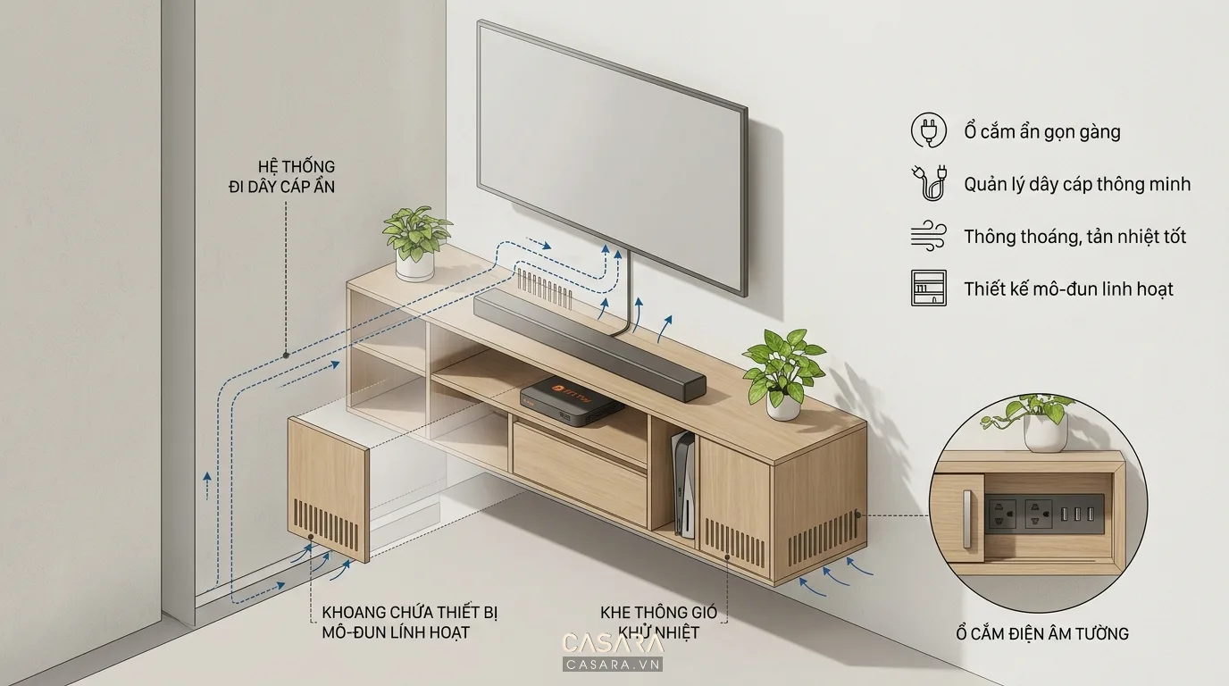 Hình ảnh checklist lưu ý khi thiết kế kệ tivi giấu ổ điện
